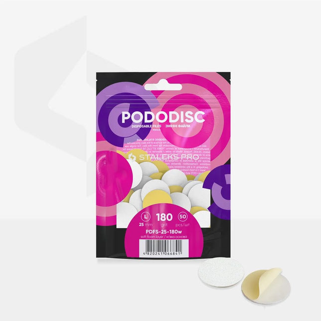 Disposable white files with soft foam layer for pedicure disc PODODISC STALEKS PRO L 180 grit (50 pcs) PDFS-25-180w